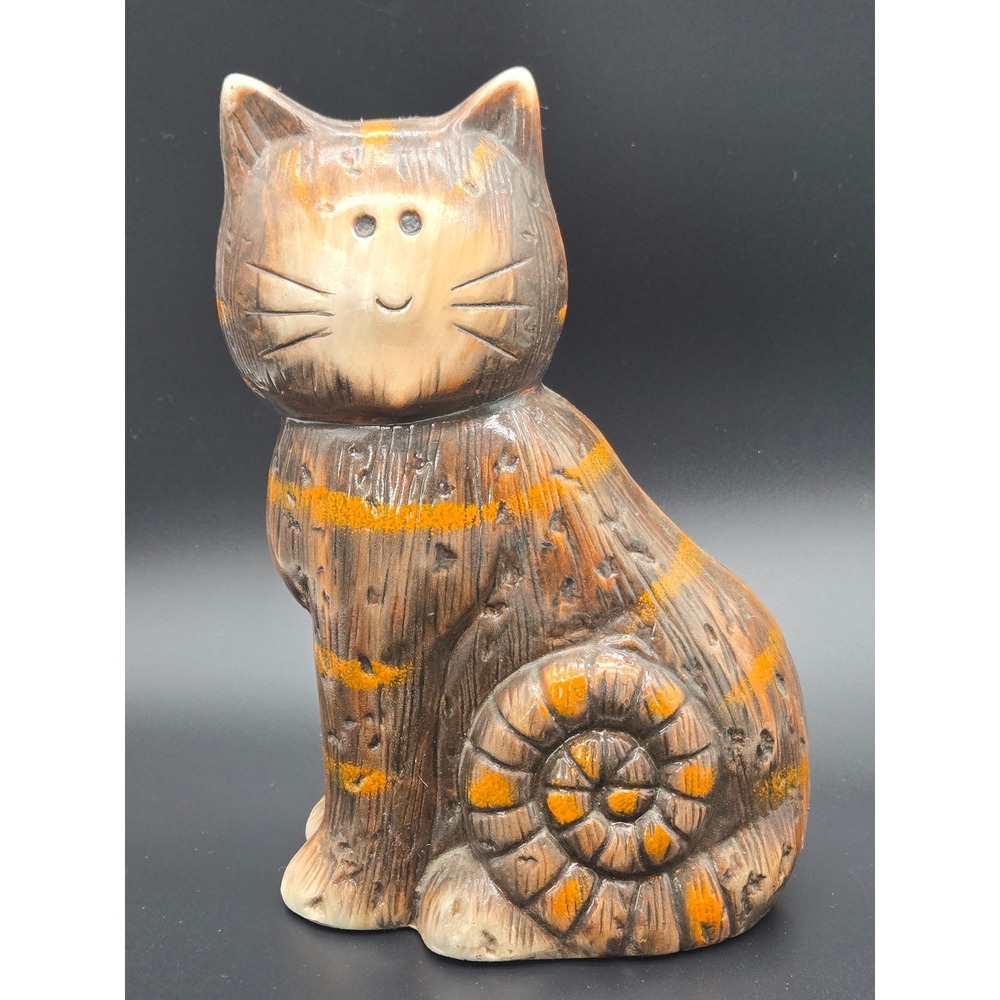Vtg MCM Ceramic Tabby Cat Figurine Rustic Wood Grain Texture Orange Stripes 8"